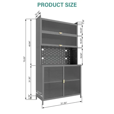 73'' Tall Kitchen Pantry Cabinet , 6 Level Flip Door With Pegboard Spacious, Adjustable & Stylish Metal Pantry Storage Cabinet, Anti-Tip Design Hutch For Kitchen, Dining Room, Living Room Grey