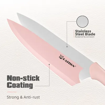 Kitchen Knife Set With Block, 14 Piece Pink Non-Stick Paint Coating Stainless Steel Knives Set, Anti-Rust And Dishwasher Safe, 12 Knives With Kitchen Shears And Block Pink