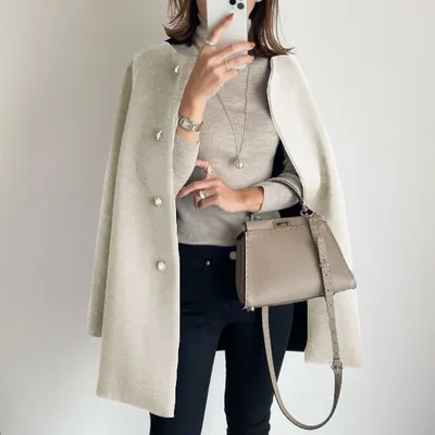 Straight Cardigan Fitted Round Neck Woolen Coat