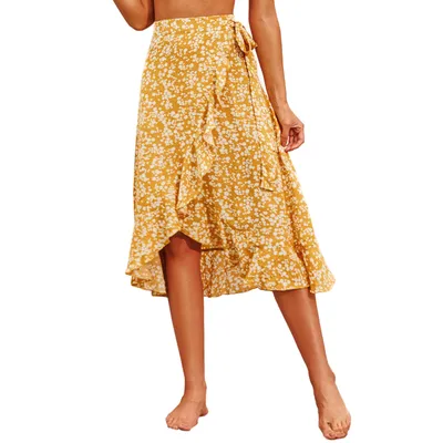 Retro Holiday Irregular Floral Wave Side Lace-Up Skirt
