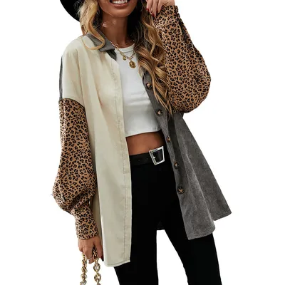 Gray Color Block Leopard Patch Corduroy Pullover