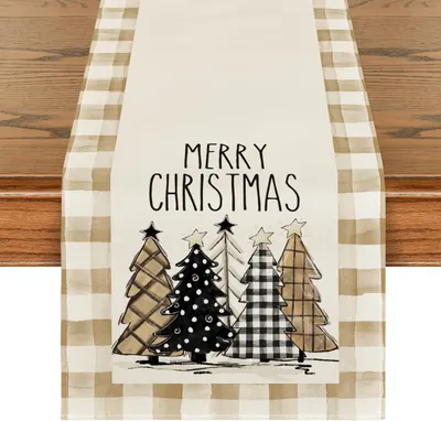 Christmas Trees Merry Xmas Table Runner, Seasonal Winter Holiday Kitchen Dining Table Decoration