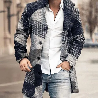 Fashion Casual Men's Herringbone Stand-up Collar Mid-length Woolen Trench Coat