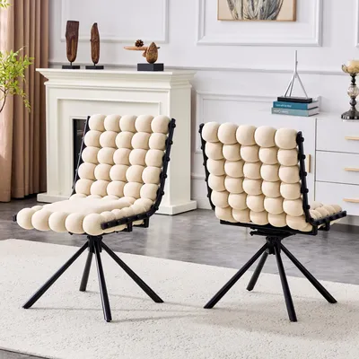 Set Of 2 Beige Puffy Bubble Chair Ball Chain Chair Velvet Dining Chairs With Black Legs, Modern Tufted Accent Chairs For Dining Room & Kitchen