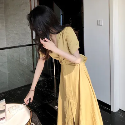 Light Yellow Long Skirt French Bellflower Waist Dress