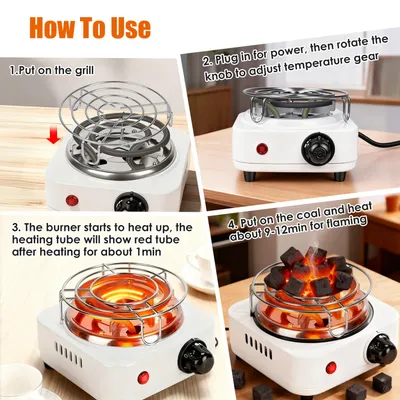 1Pc Electric Charcoal Burner 500W Hookah Charcoal Burner Compact Coal Burner For Hooka Cubes Shisha With Grill And Tongs 5 Temperature Gears Thermostat Control For Spring Summer