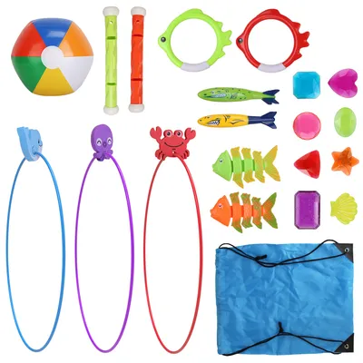 Set Of 24Pcs Diving Toys Swimming Pool Toys Swim Toys For Kids Above Aged 3 Years Old Swim Thru Rings Torpedoes Gems Volleyball Storage Bag