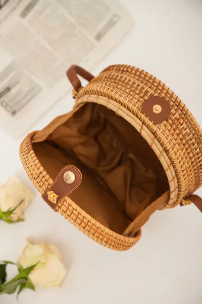 Natural PU small round straw bag