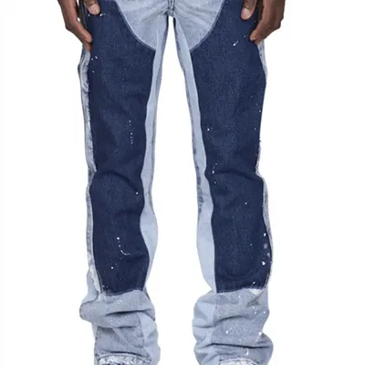 Men's Color Contrast Wash Splicing Denim Trousers