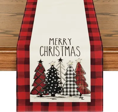 Christmas Trees Merry Xmas Table Runner, Seasonal Winter Holiday Kitchen Dining Table Decoration