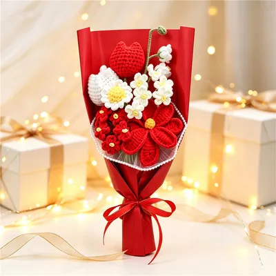 Handmade Crocheted Flower Bouquet, Red And White Tulips & Red Flowers Matched With Daisies And Tiny Blossoms, Soft Yarn Everlasting Knitted Bouquet, Indoor Home Decorative Ornament