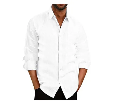 Fall Lapel Solid Color Long-sleeved Button Cotton And Linen Men's Shirt