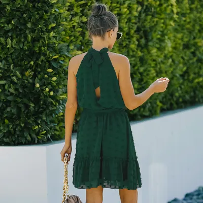 Jacquard Cutout Skirt Halterneck Chiffon Dress