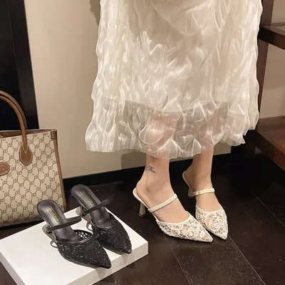 New French Baotou Half Dragging Style Pointed Lace Mesh Fine Heel Slippers For Women