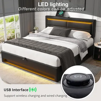 Upholstered Bed 150 X 200 Cm, King Size Bed-5ft,with USB Port Supports Wireless And Wired Charging, With LED Lighting And Storage Space, Without Mattress, PU Lychee Pattern, Black