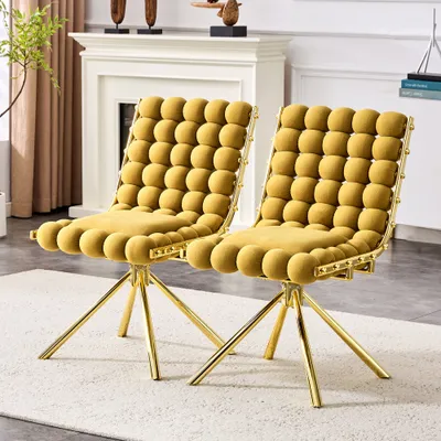 Set Of 2 Yellow Puffy Bubble Chair Ball Chain Chair Velvet Dining Chairs With Gold Legs, Modern Tufted Accent Chairs For Dining Room & Kitchen