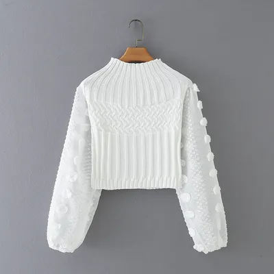 Half High Neck Ball Ball Chiffon Sleeve Stitching Sweater Women