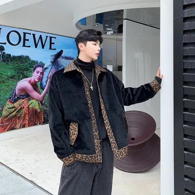 Thickened Plus Fleece Leopard Print Jacket Men's Plush Inside