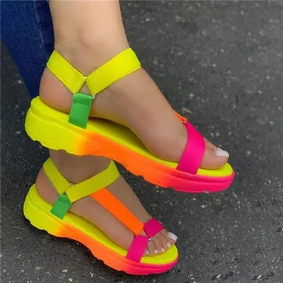 Rainbow color velcro flat sandals for women