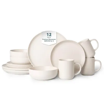 12-Piece Stoneware Dinnerware Sets With Mugs  Microwave  Dishwasher Safe  Non-Toxic Dinner Plates Bowls Set  Stackable Matte Glaze Kitchenware For 3