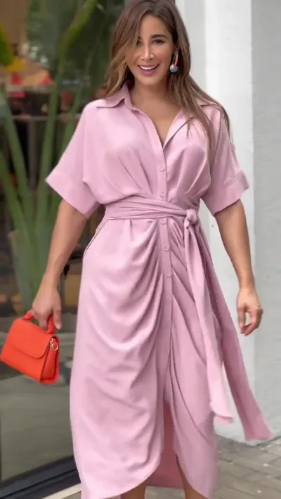 Women's Lapel Mid Length Short Sleeve Single Breasted Dress