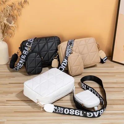 2Pcs Rhombus Shoulder Bag With Wallet Letter Print Wide Shoulder Strap
