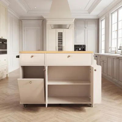 Kitchen Island With Storage Rolling Kitchen Island Cart With Drop Leaf Extension, Natural Wood Top, Drawers, Spice Rack, Towel Bar, Mobile Kitchen Cart For Kitchen & Dining Room, White