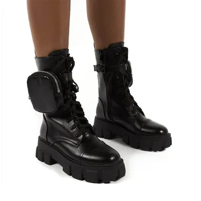 Thick-Heeled Round Toe Lace-Up Pocket Mid-Tube Motorcycle Boots