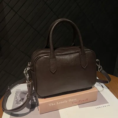 Cross-border Top-grain Leather Bowling Bag, Vintage And Simple Boston-style Small Handbag, Can Be Carried By Hand, Used For Commuting, Single Shoulder, Or Crossbody