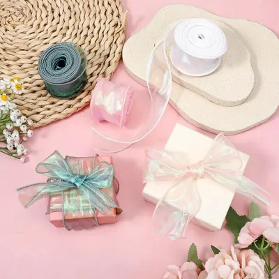 5 Rolls 10 Yard Shimmer Sheer Organza Ribbons 1.5 Inch Wide Laser Wired Edge Ribbon 5 Colors Chiffon Ribbon For DIY Crafts Gift Sewing Making Floral Bouquets Wrapping Bow Wedding Invitations Supplies