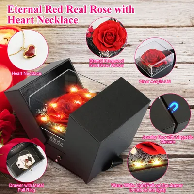 قلادة من وردة حمراء طبيعية محفوظة مع قلب، هدية مثالية للنساء: الأم، الزوجة، الصديقة، والجدة في عيد الحب، عيد الأم، عيد الميلاد، أو ذكرى الزواج.