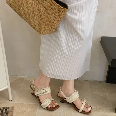 Women's French Retro Open Toe Sandals, Niche Designer Straw Woven Genuine Leather Comfy Outdoor Summer Shoes For Vacation