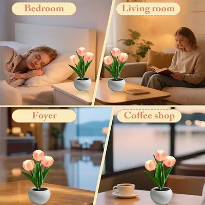 مصباح توليب - مصباح طاولة LED على شكل زهرة توليب مع مزهرية زهور لتزيين سطح المكتب. مناسب للمنزل، غرفة المعيشة، تزيين سطح المكتب، هدايا الأعياد، مصابيح تزيين الأجواء. يعمل بمنفذ USB