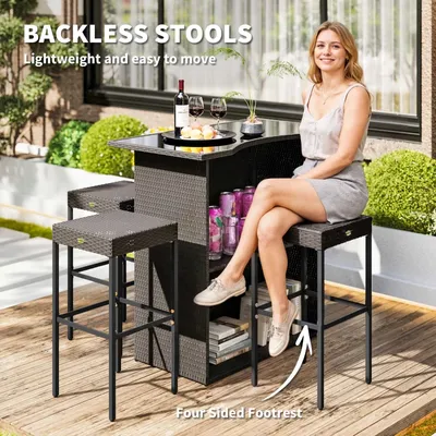 5 Piece Rattan Wicker Bar Set, High Top Outdoor Table And Chairs, Bar Height Patio Set, 2 Shelves & 4 Bar Stools, Brown