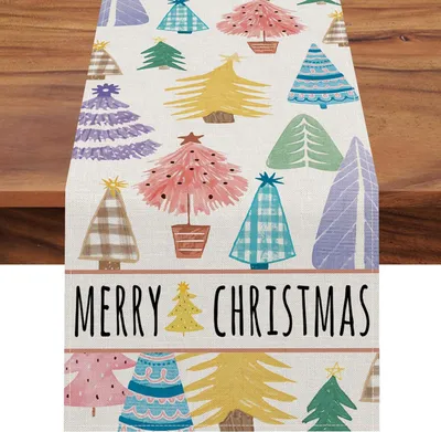 Christmas Trees Merry Xmas Table Runner, Seasonal Winter Holiday Kitchen Dining Table Decoration