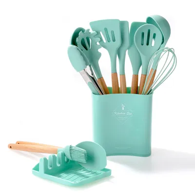 Kitchen Wooden Handle Kitchenware Set With Storage Square Bucket