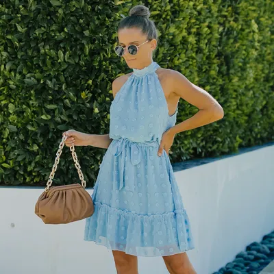 Jacquard Cutout Skirt Halterneck Chiffon Dress