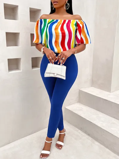 Casual Loose Off-shoulder Short Sleeve Matching Women's Suit