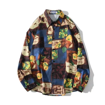 Vintage Design Hong Kong Style Print Draped Oil Painting Shirt