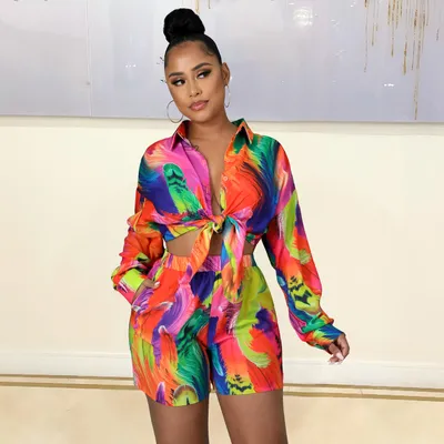 Women's Fashion Casual Printed Shirt Shorts Two Piece Set