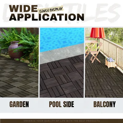 Acacia Wood Interlocking Deck Tiles Checker Pattern, 10PCS 12inch X 12inch Square Dark Brown Acacia Hardwood Outdoor Flooring For Patio, Bancony, Pool Side