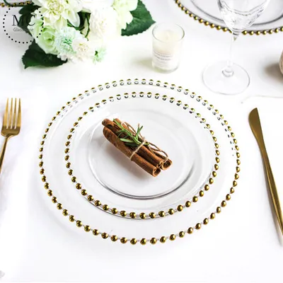 Glass Plate Round Gold Rim Bead Cushion Plate Dinner Plate