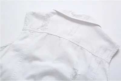 Casual Holes Pocket White Denim Vests