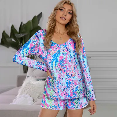 Shiying Home Long Sleeve Shorts Two-piece Women's Cross-border Pajamas New Pullover Casual Print Top Women's Suit