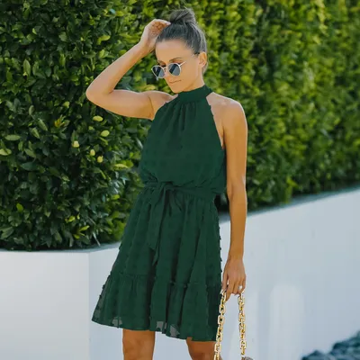 Jacquard Cutout Skirt Halterneck Chiffon Dress