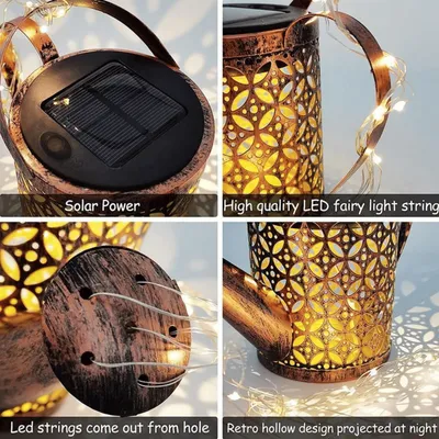 Outdoor Solar Watering Can With Lights Garden Decor Large Solar Powered Lanterns Hanging Waterproof LED Decorative Retro Metal Kettle String Lights For Table Yard Pathway Walkway Gardening Gifts