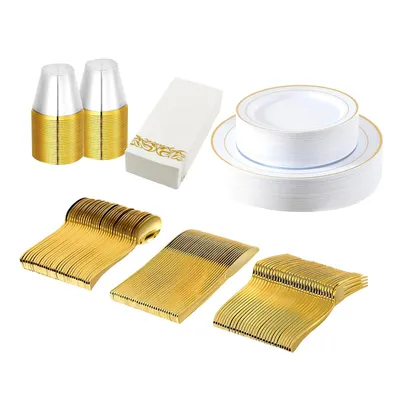 Set Of 175Pcs Disposable Gold Dinnerware Set Gold Rim Plastic Plates Cups Fork Spoon Knife Paper Napkins For Party Wedding Graduation