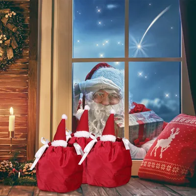 5 Packs Christmas Treat Bags With Drawstring 3D Xmas Santa Hat Gift Wrapping Bags Velvet Candies Goodie  Bag For Christmas Birthday Wedding Party Favor Supplies