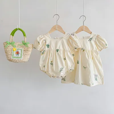 Thin Cotton Embroidery Puff Short Sleeve Baby Bodysuit Jumpsuit