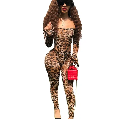 Fashion  Mesh Leopard Print Bodysuit Ladies Two Piece Set